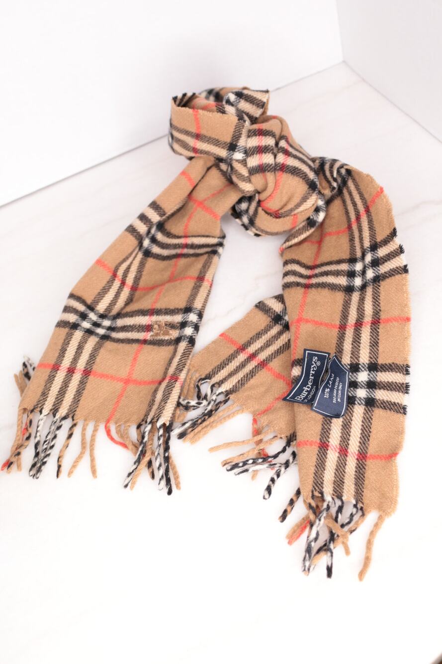 Vintage Burberrys of London Classic Nova Check Wool Scarf Beige Plaid 100% Lana